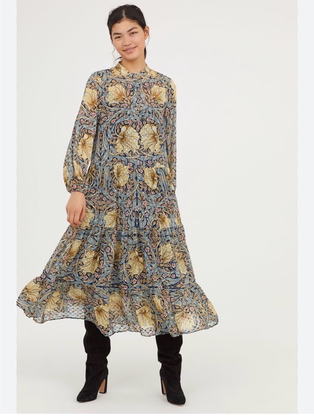 Morris & Co x HM Bohemian Tiered Midi Dress in Stunning Morris Floral Print Sz 4